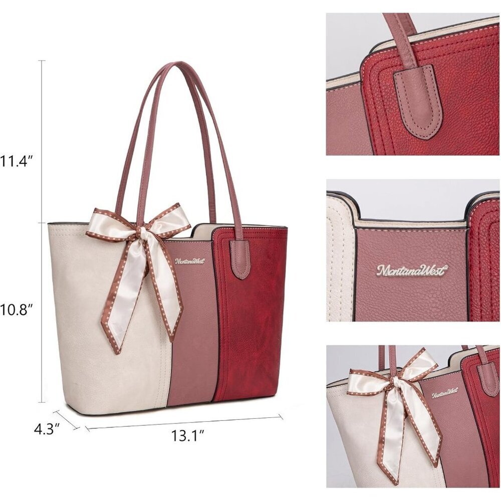 Women Beige With Red Imported Top zipper Top Handle Satchel Purses Handbags - Picture 4 of 6